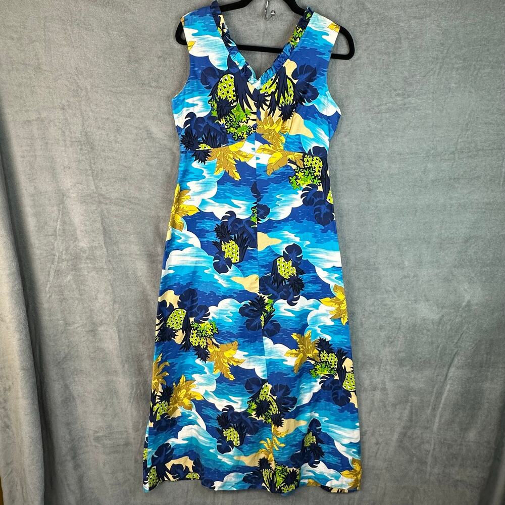 Vintage Hukilau Fashions Dress Women 14 Blue Floral Maxi Tropical Hawaiian Beach